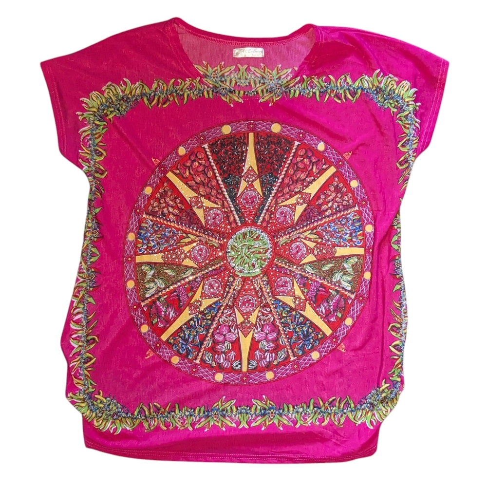 Ace Fashion Womens Size Large Cap Sleeve Top Pink Boho Mandala Bling Festival